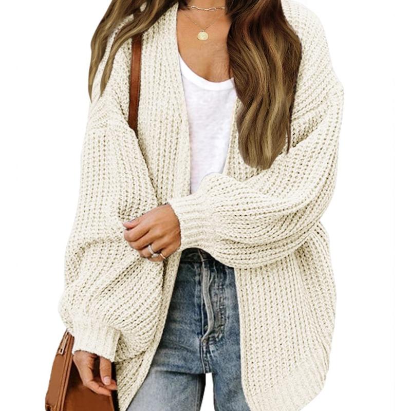 Chunky-Knit Lantern Sleeve Cardigan for Women: Autumn Winter Pocketed Outerwear Knit Sweater