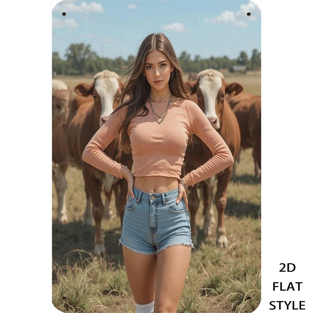 

Rustic Farmgirl with Cows Metal Sign Vintage Tin Decor Country Ranch Wall Art 20x30cm