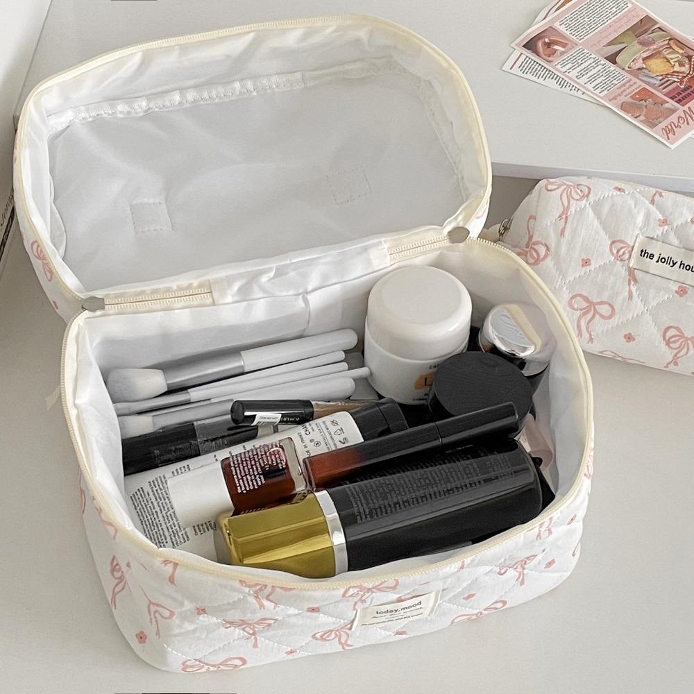 Fashion Korean Style Cosmetic Bag Multi-size Zipper Travel Storage Bags Pink Bow Plaid Makeup Quilted Bag for Women Girls