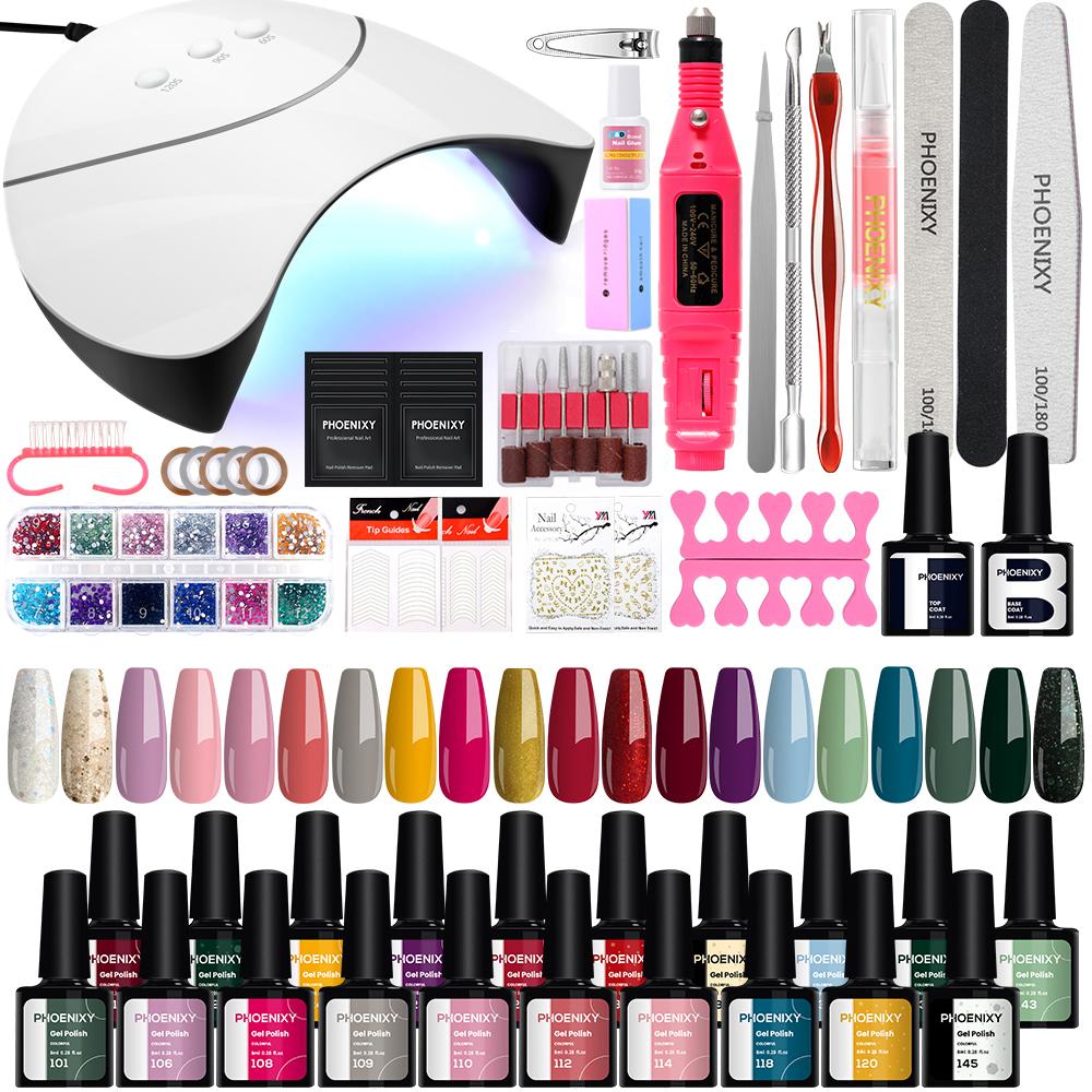 PHOENIXY 20Colors Lak na nehty Sada na manikúru Nehtová vrtačka Lak na nehty s 36W lampou Základní vrchní nátěr Sada Nehtového salonu