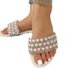 Summer new large size flat-bottomed pearl one-word cool slippers round head dew rhinestone women's sandals slipprs