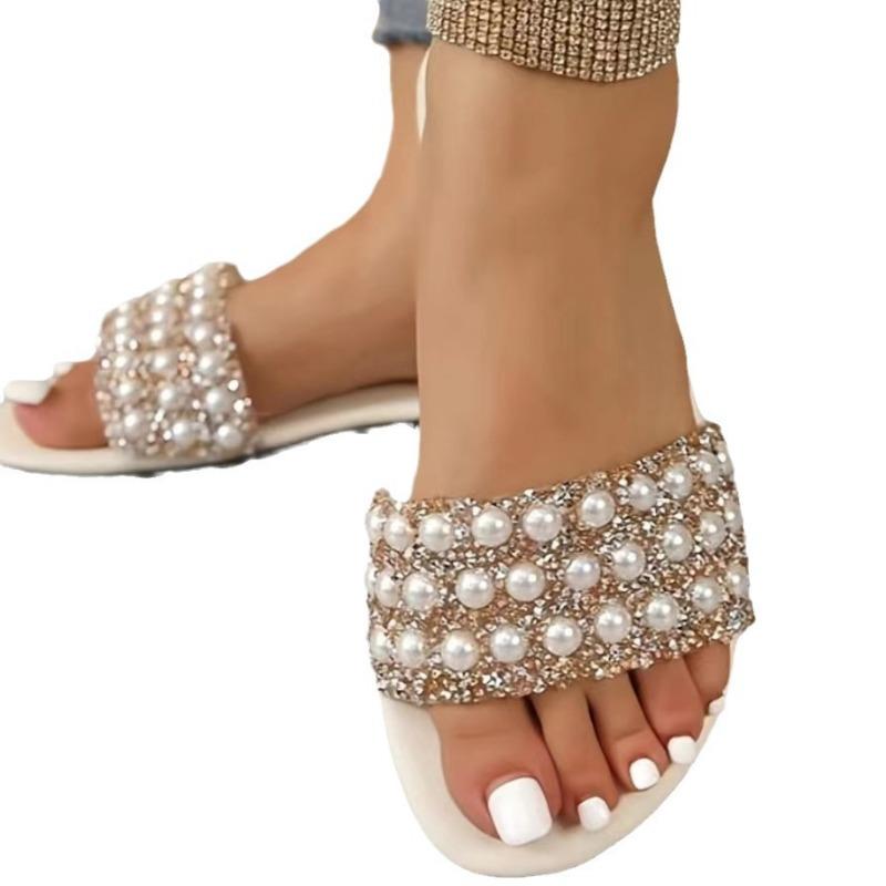 Summer new large size flat-bottomed pearl one-word cool slippers round head dew rhinestone women's sandals slipprs