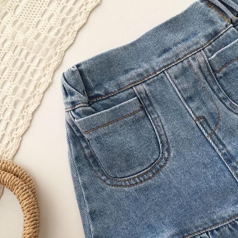 Kostym för flickor i jeanskjol Sommar, kort kjol för flickor Volanger höftkjol Mesh T-shirt+fishtailkjol Tvådelat set Mode