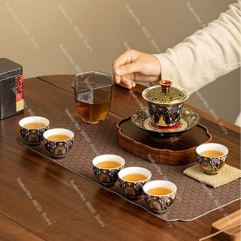 Dunhuang style black thangka heat-resistant ceramic kung fu tea bowl set with lid,gold and silver inlay high-end tea ceremony