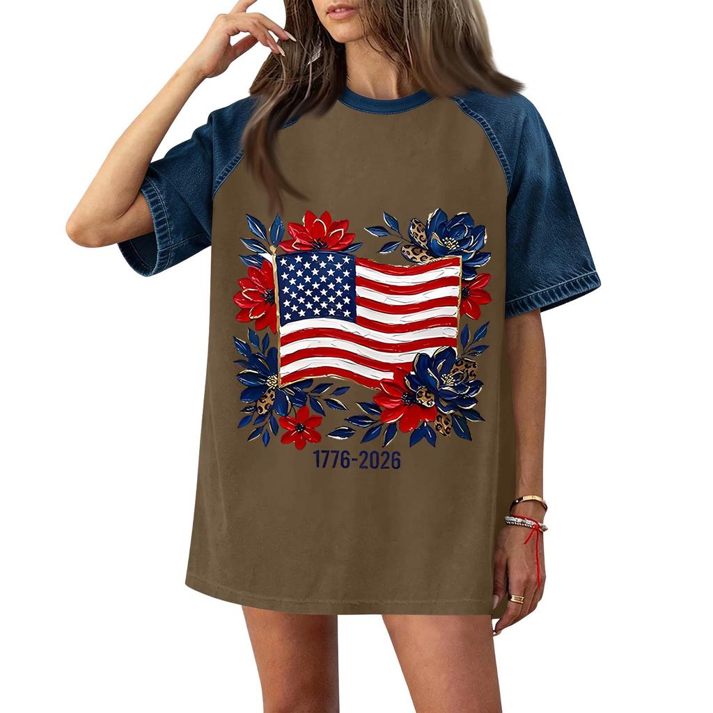 Women Casual Short Sleeve T Shirt Denim Patchwork Top 250th Independence Day Commemorative Print Relaxed Fit Lightweight Tee