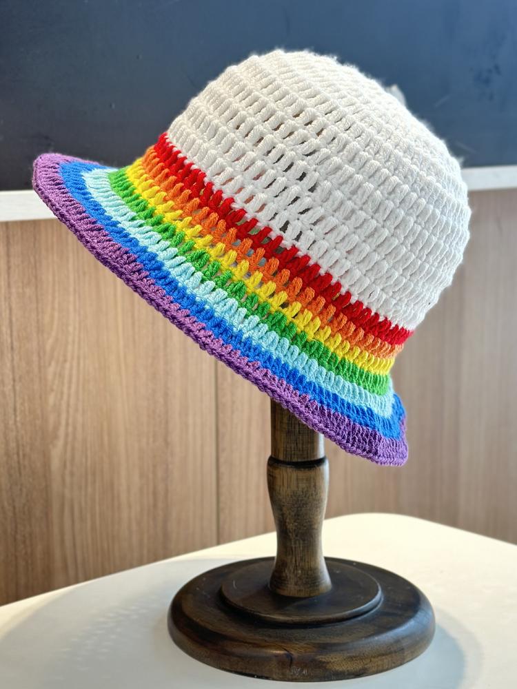 New Rainbow Striped Fisherman Hat Women Japanese Knitted Wool Bucket Hat Autumn And Winter Warm Windproof Basin Hat