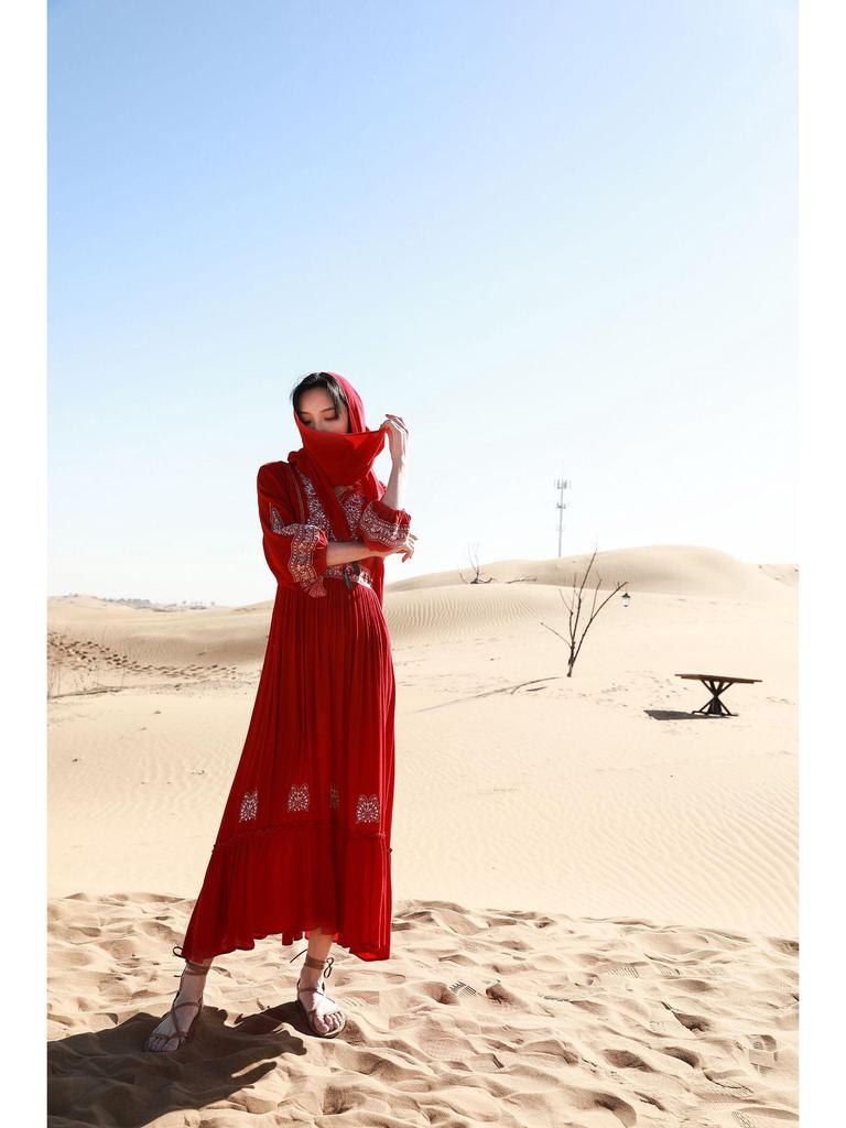 Yunnan Sanya Fairy Beach Red Dress - Women's Long Slimming Desert Travel Outfit