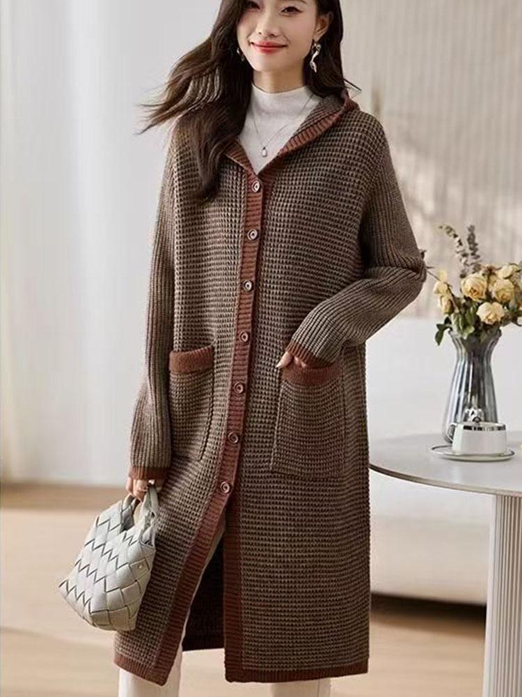 Women's 2026 Winter Korean Style Color Block Hooded Wool Cardigan Sweater Coat