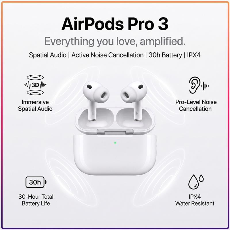 New TWS Wireless Earbuds AirPods Pro 3 Pro-Level Noise Cancellation 30H Battery IPX4 Waterproof Bluetooth Headphones