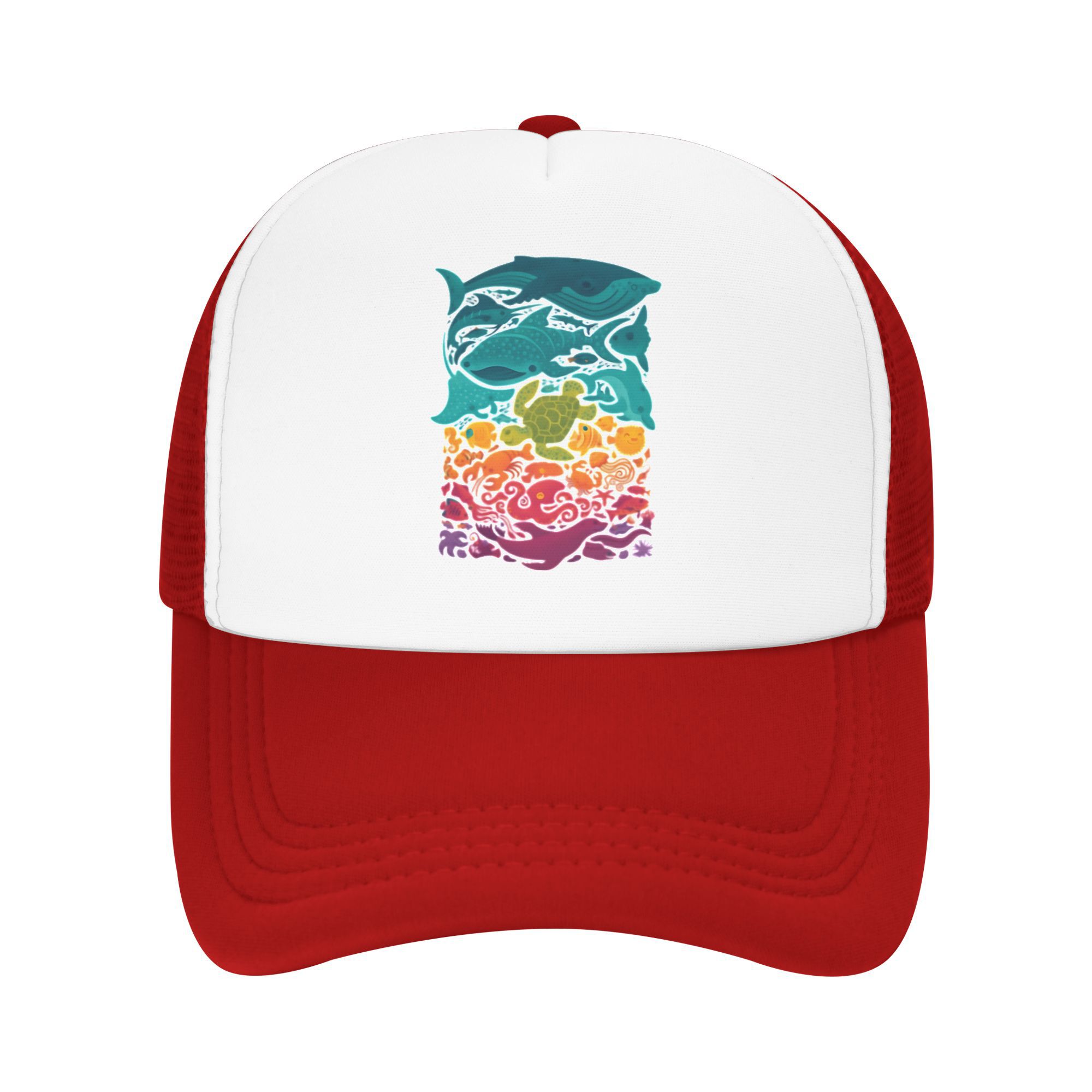 

Aquatic Life Spectrum Ocean Animals Print Mesh Trucker Hat Adjustable Breathable Summer Baseball Cap Casual Travel Headwear One Size