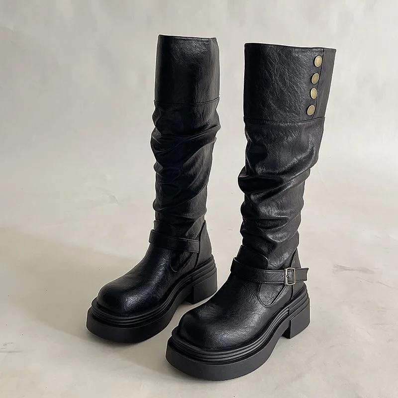 Fashion Women's Platform Motorcycle Boots Buckle Strap Thick-soled Boots Feamle New  Black PU Leather Western Knight Botas Mujer