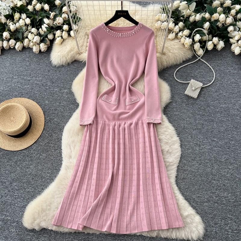 Womens Long Sleeve Knit Dress Slim Fit Round Neck Beaded Fall Winter Party Casual