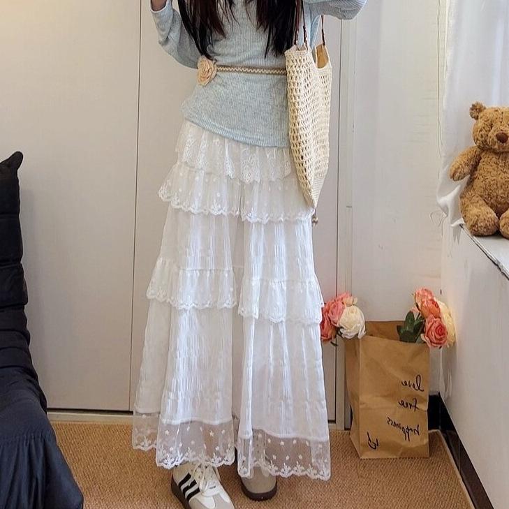 White lace splicing skirt women's spring and autumn summer new high waist and thin big pendulum cake skirt long skirt