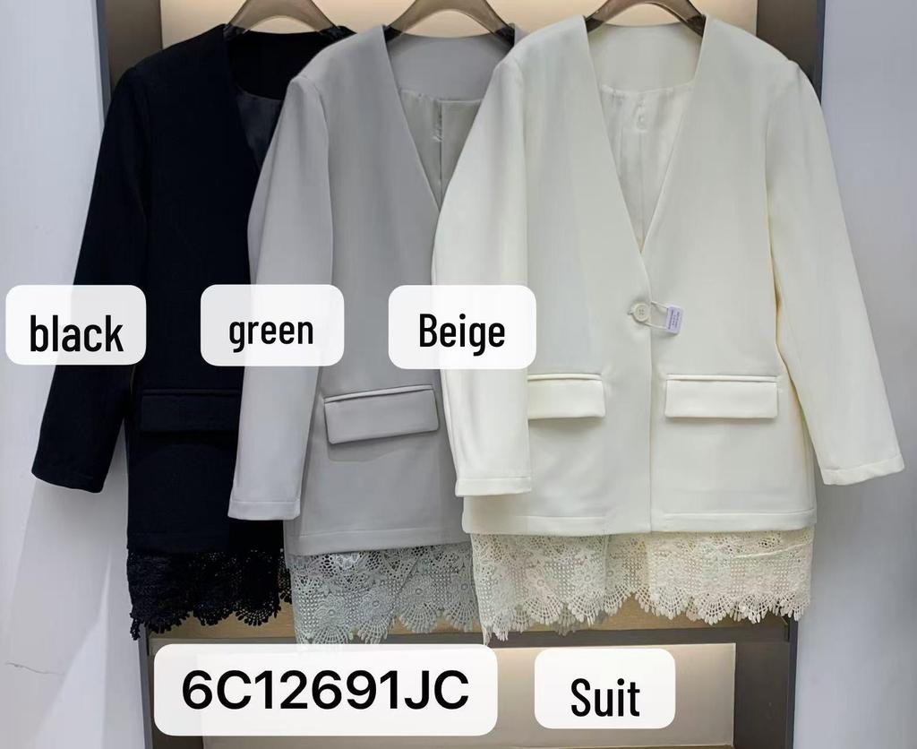 Korean V-Neck Mid-Length Patchwork Lace Suit Jacket for Women