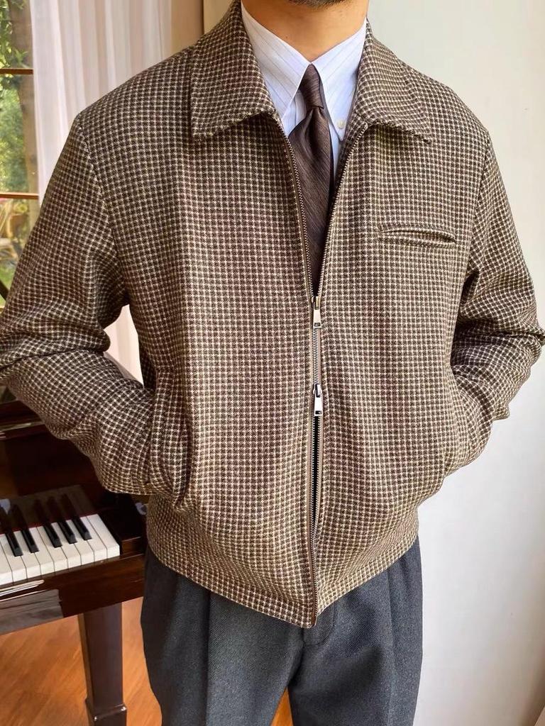 Men's Retro Houndstooth Zipper Jacket - Autumn/Winter Casual Waist-Cinching Lapel Design