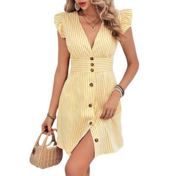 Summer Party Dress Women Striped Print Button Front V Neck Ruffle Cap Sleeve A Line Mini Dress