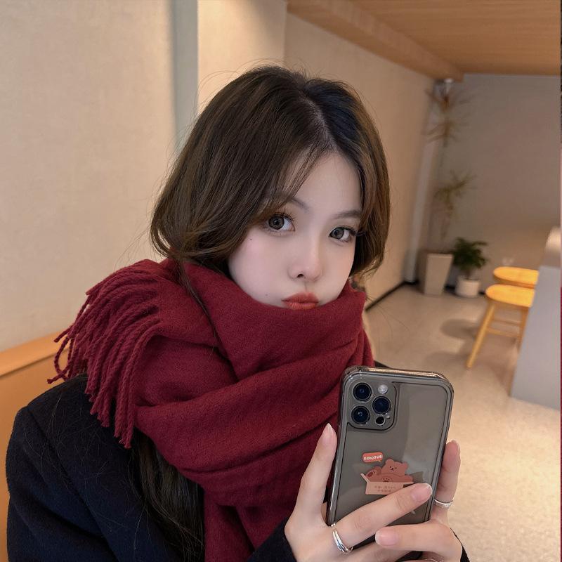 New Autumn and Winter Wool Scarf for Women Versatile Solid Color Scarf  Thickened Warm Shawl  Simple Tassel Red Scarf