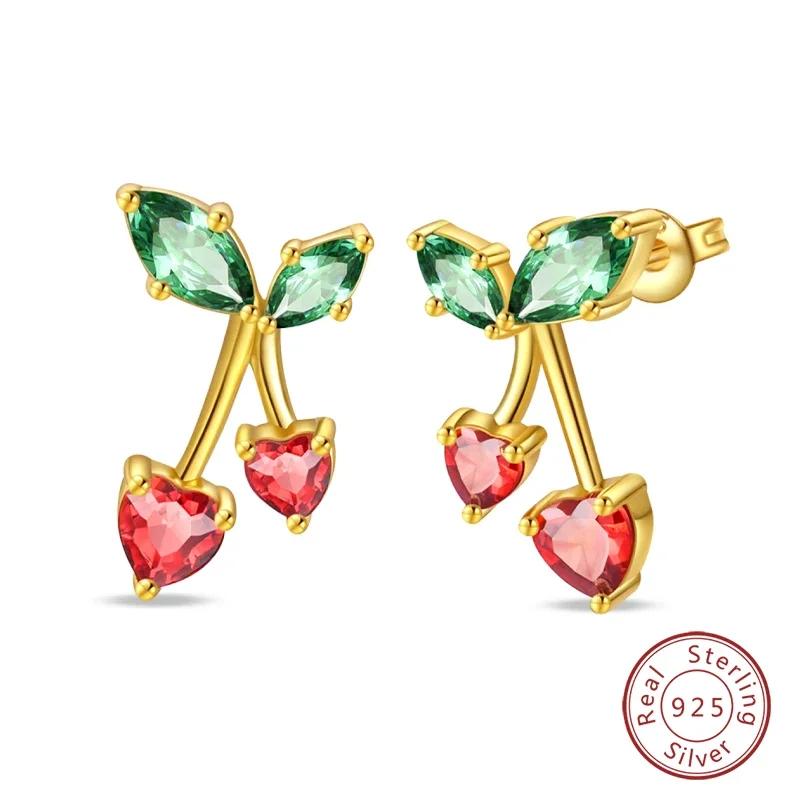 New 925 Silver Bee Butterfly Pink Lily Lotus Earrings for Women Cherry Apple Strawberry Ear Studs Elegant Party Jewelry