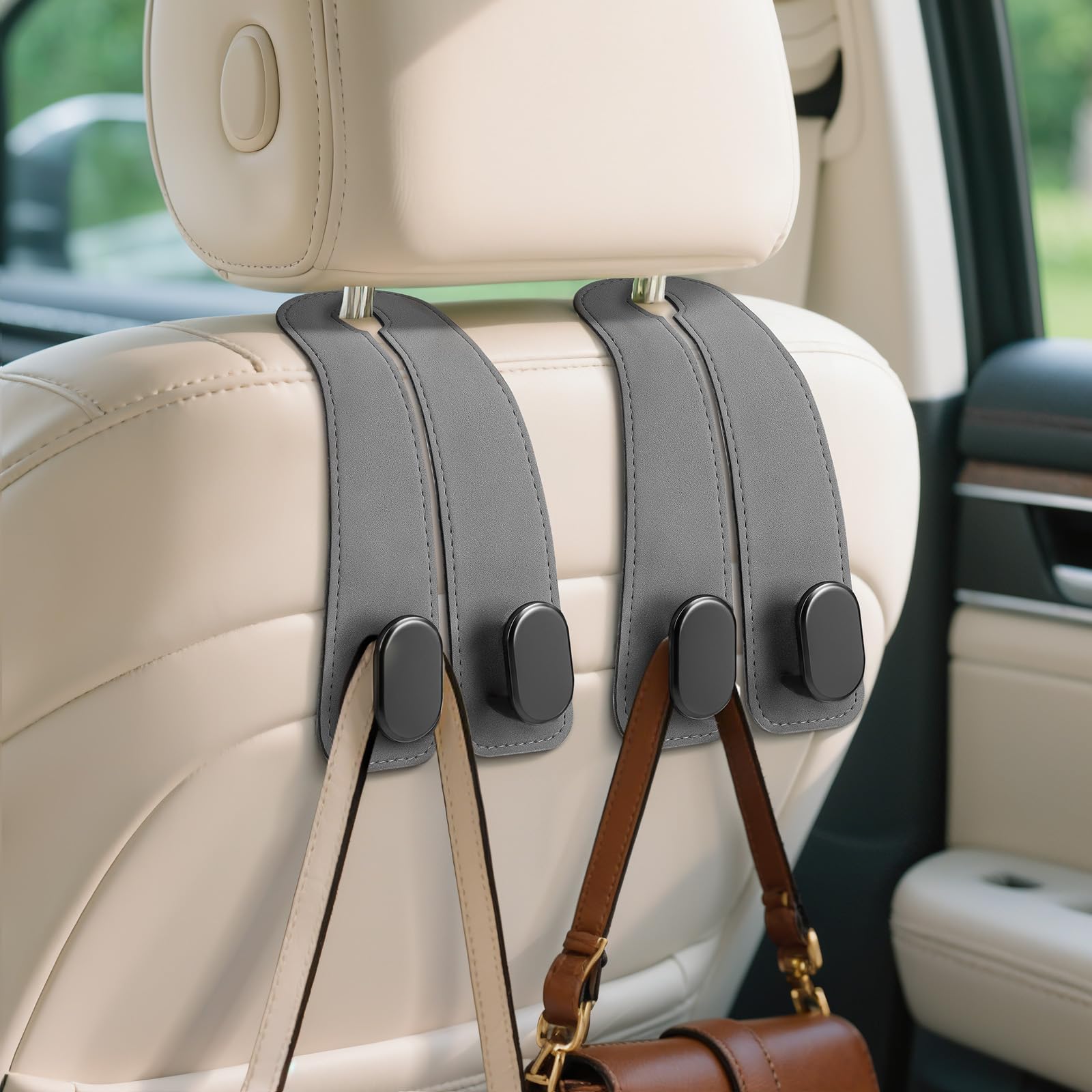

Hangerspace Headrest Hooks, Set of 2, Leather & Metal for Cars, Double Hooks, Bag gray серый