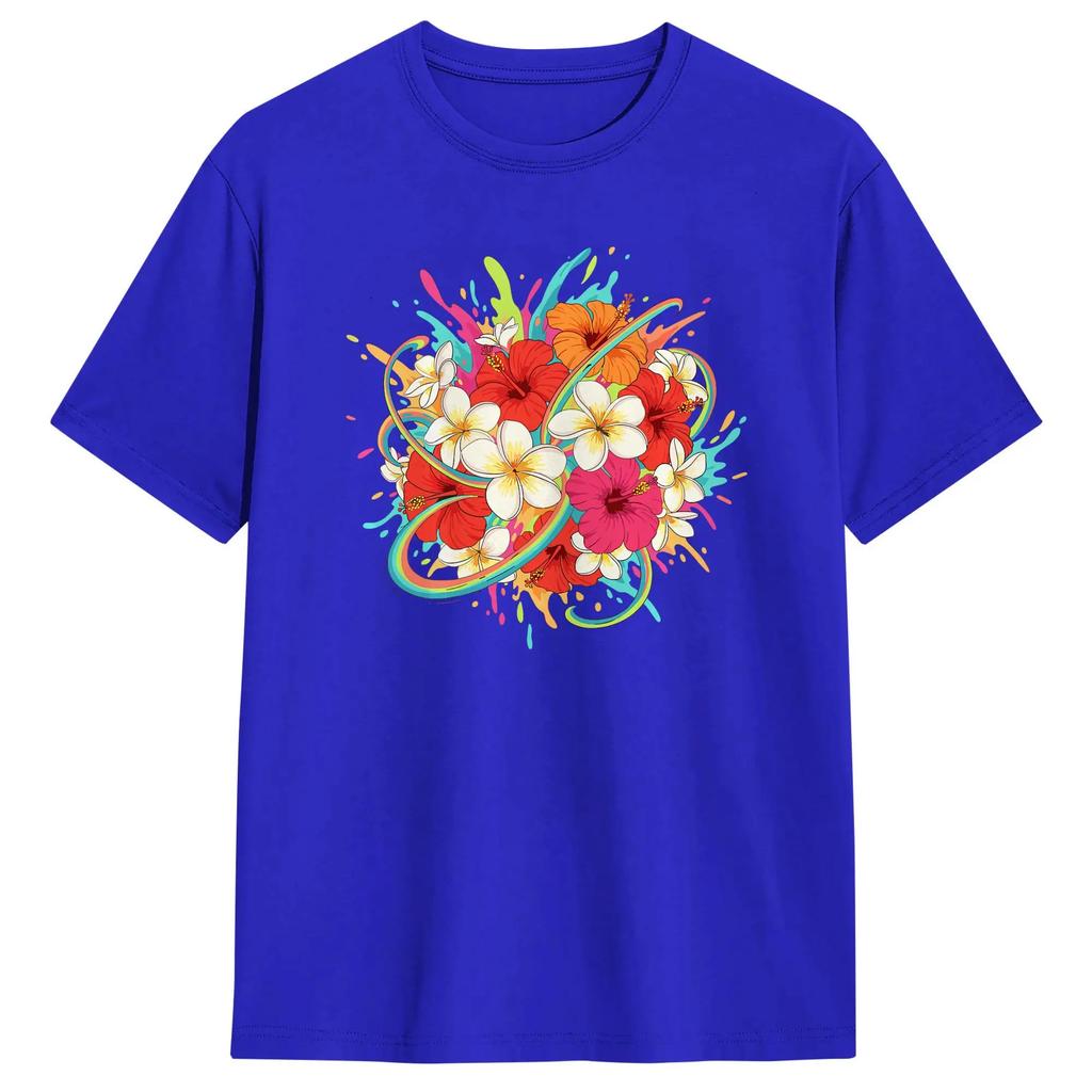 Unisex Hawaiian Summer Floral Hibiscus Plumeria Bouquet Comt Colors Adult Heavyweight T Shirt Clothes Short Sleeve Crewneck Tees