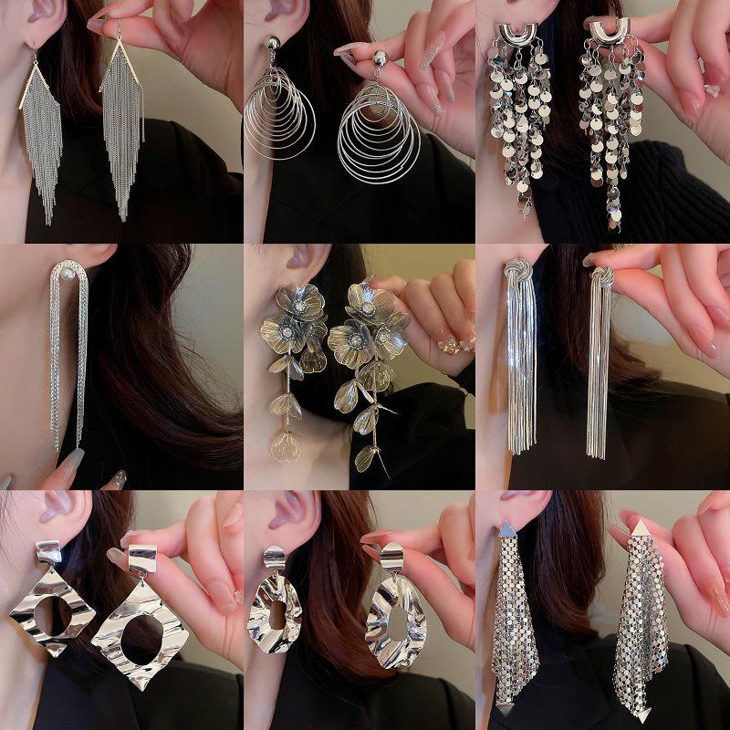 Exquisite Silver Needle Flower Bow Tassel Earrings - Luxury European & American Style for Women