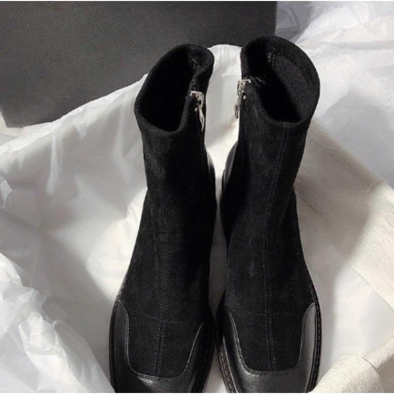 Luxury Faux Suede Leather Patch Stretch Boots Women Side Zipper Design Chunky Heel Ankle Boots Autumn Warm Burgundy Botas Mujer