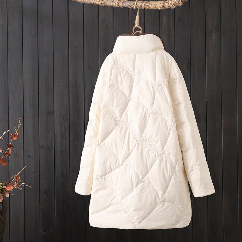 Mid-length Auspicious Cloud down jacket for women, new winter white duck down jacket, stand collar, loose duck down jacket