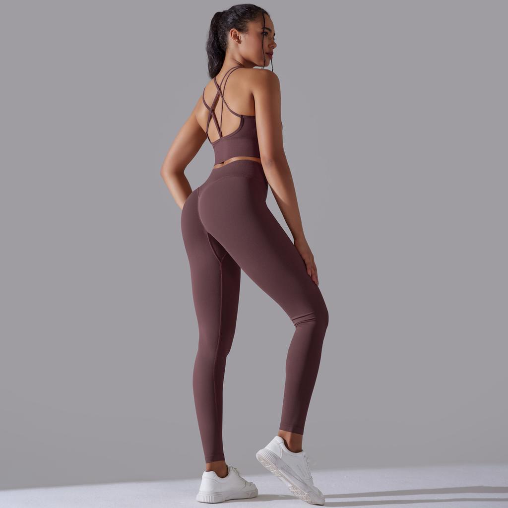 New High Waist Peach Hip Tight Pants Set, Sports Back Yoga Clothes, Running Training Fitness Set, Two Piece Set For Women