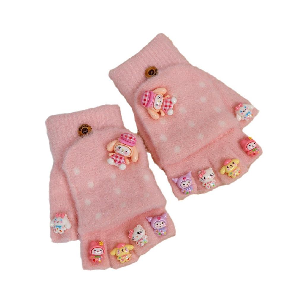 Children's gloves girl-year-old cartoon cute half-finger flip to keep warm knitted wool Nantong thickened to keep warm