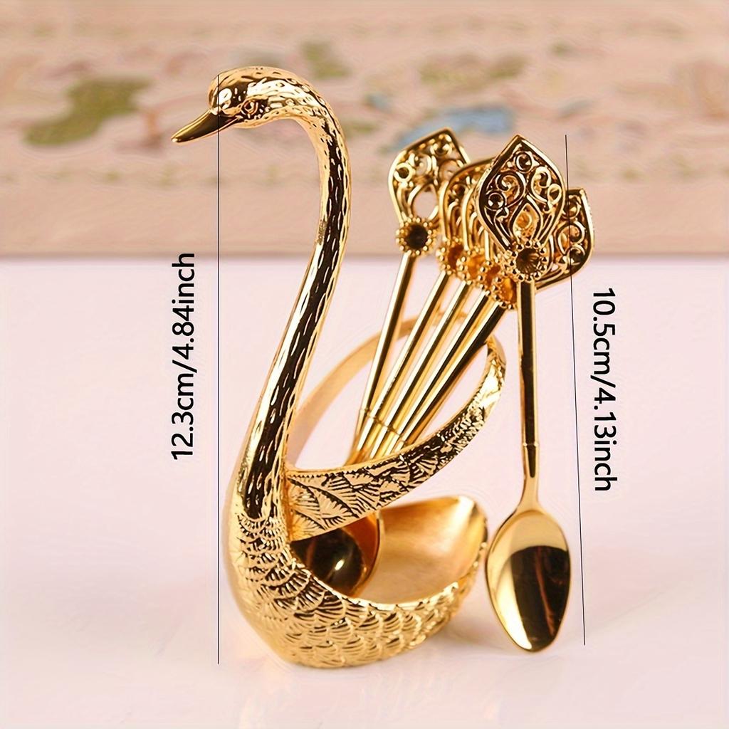 7pcs Of 1set, Dessert Spoon With Base, Swan Base Holder With 6 Spoons, Reusable And Washable Fruit Fork