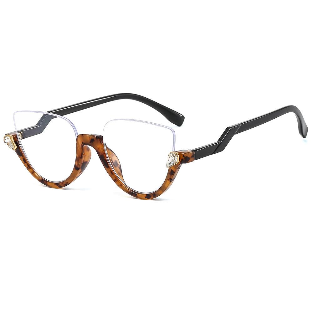 Herren Damen Trendige Halbrahmen Cat Eye Brille Modisch Leichte Freizeitbrille Diamantbesetzt Retro Flacher Spiegel