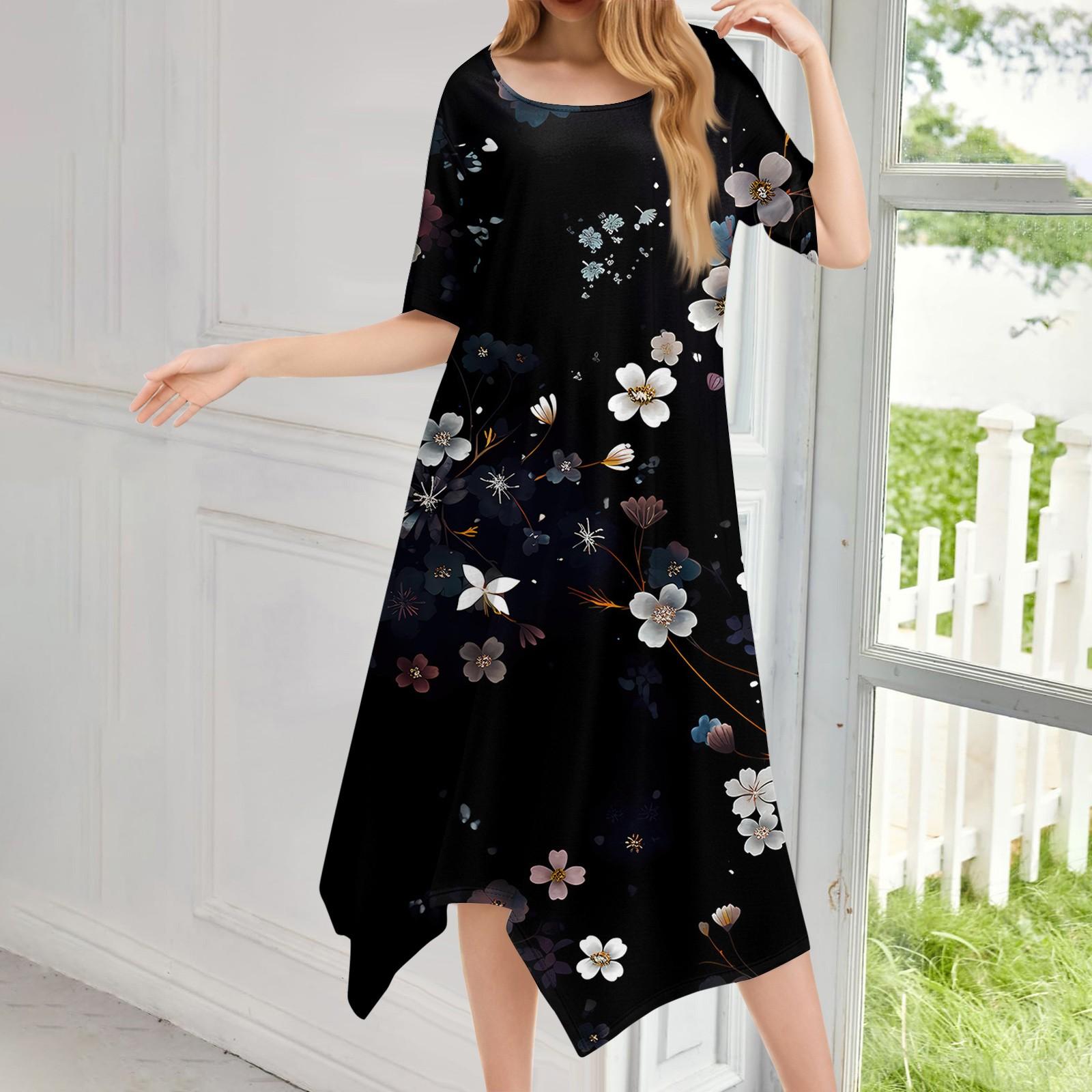 

Женское повседневное модное платье миди с круглым вырезом и коротким рукавом с принтом и неровным подолом S чёрный