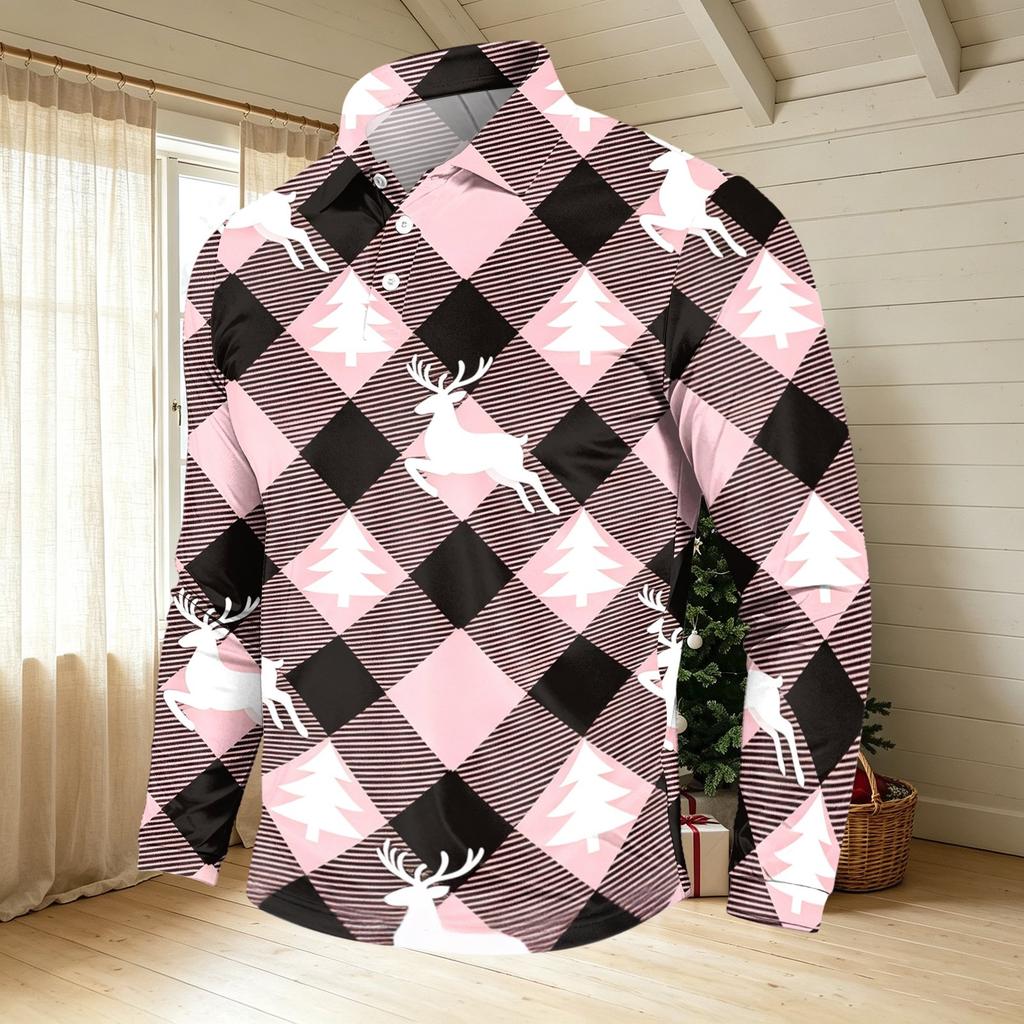 Men's Casual Long Sleeve Neck T-Shirt with Christmas Print for Holiday Party
