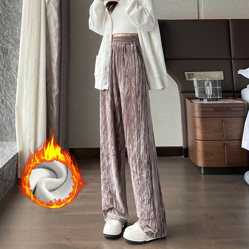 Golden Velvet High-Waist Fleece-Lined Wide-Leg Pants for Women - Slimming & Casual Autumn/Winter Trousers