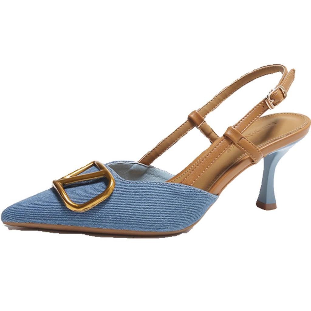 Premium sense elegant pointed thin heel single shoes spring and autumn new beautiful temperament versatile denim high heel sandals