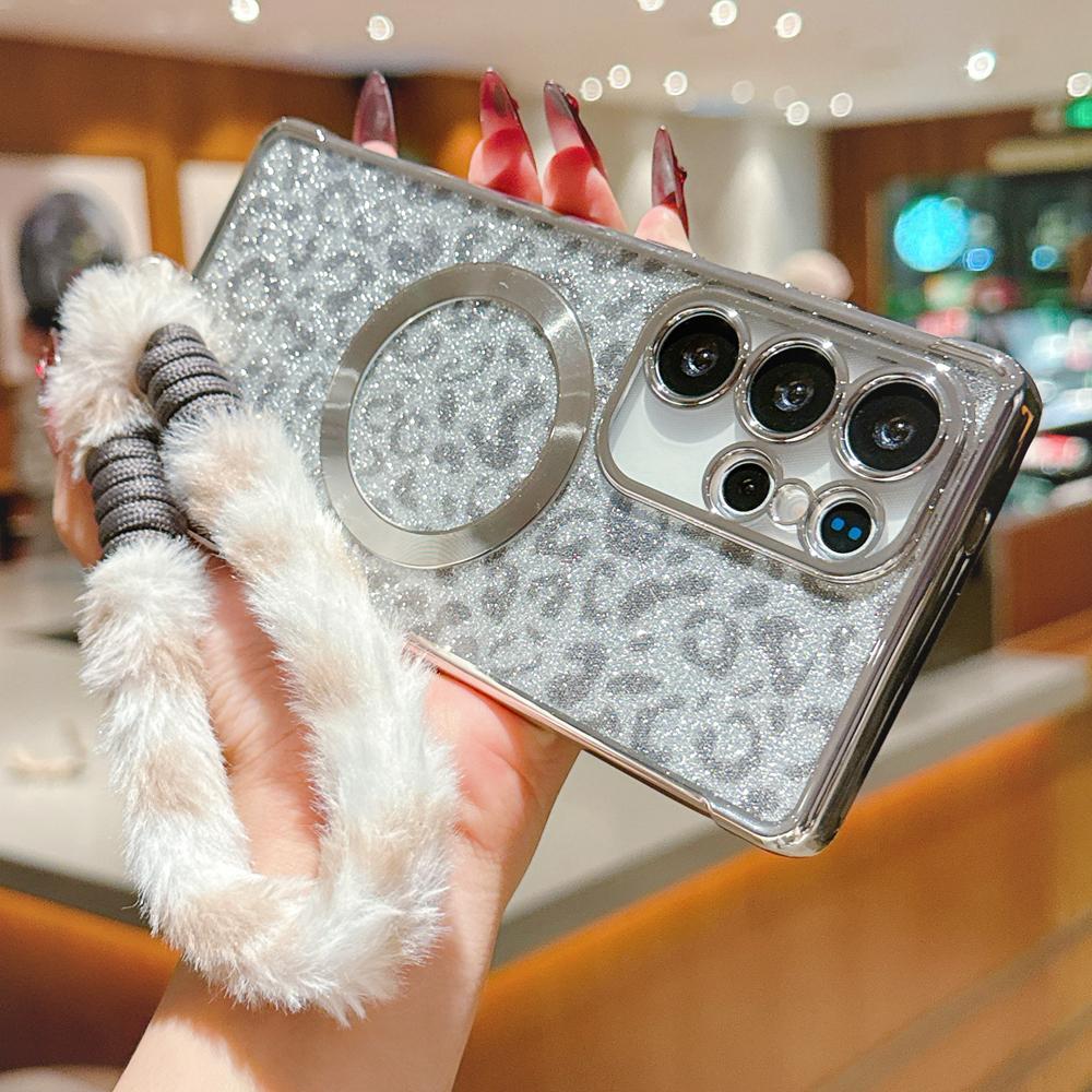 KEYSION Glitter Leopard Print Magnetic Phone Case for Samsung Galaxy S21 S22 S23 S24 S25 S26 Ultra S26+ S25 FE With Plush Lanyard Shockproof Cover