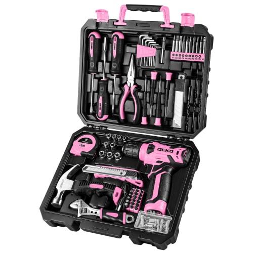 

126-Piece Tool Set with 8V Electric Drill, Pink, for Home Use, DIY, Furniture Assembly, Home Maintenance, and Repairs, Includes a Convenient Storage C