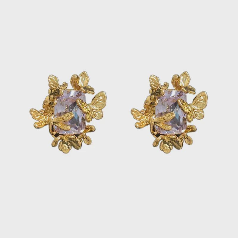 Elegant 2024 South Korea Dongdaemun Copper-Plated Gold Earrings with Zircon Inlay for Women