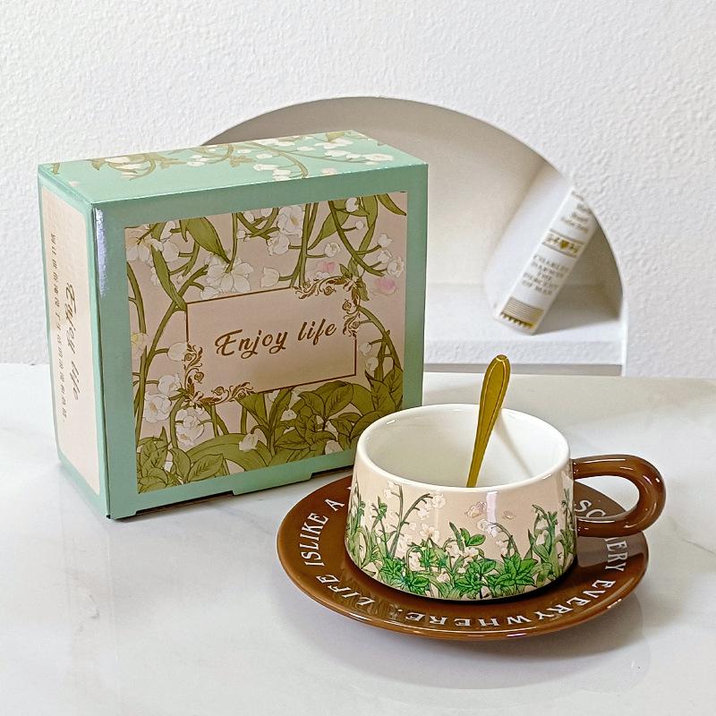 Retro Ceramic Cups And Saucers, Antique Oil Painting, Green Lily Of The Valley, Coffee Cup And Saucer, Hepburn Style Afternoon Tea