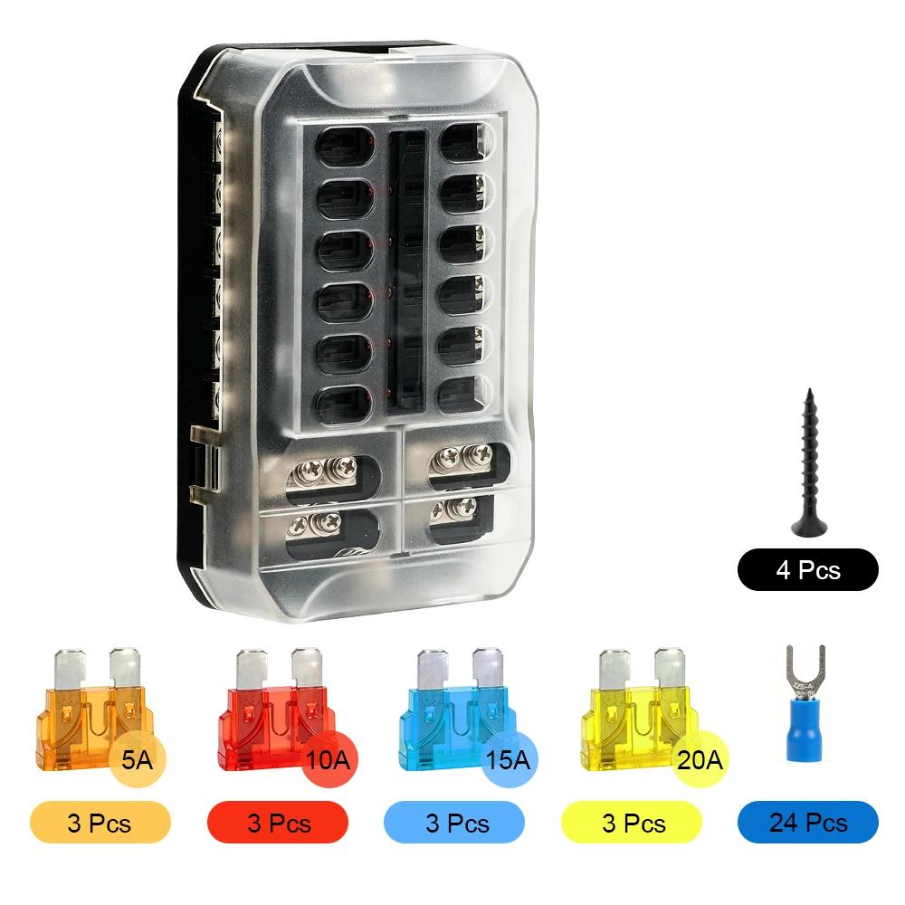 6/12 Way Car Boat Blade Fuse Box Block Holder LED Indicator 12V 32V Auto Marine Waterproof Power Distribution Panel Board