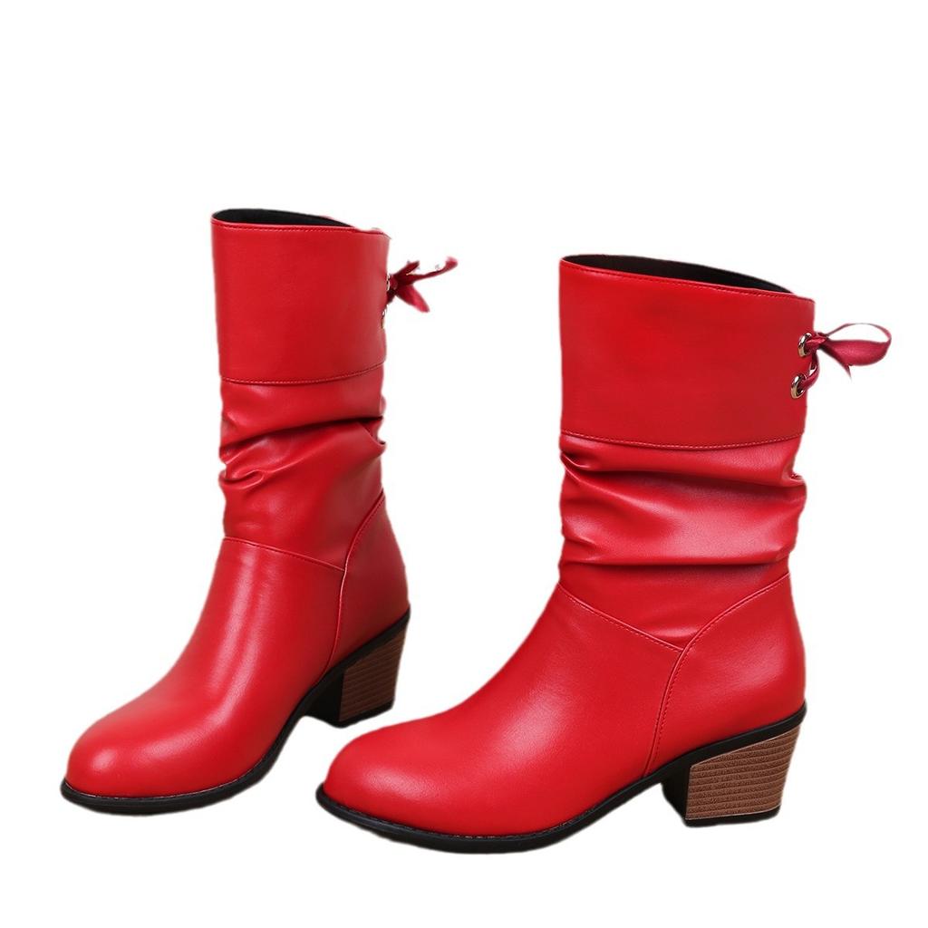 Fashion Women's Modern Boots Autumn Casual Back Lace-Up Mid-calf Boots Fashion Pleated Pu Leather Low Heel Botas Woman Large Size Shoes