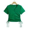 2024 Summer New Style Korean Style Women's T-shirt Fashionable and Versatile Drawstring V-neck Button Short-sleeved Undershirt