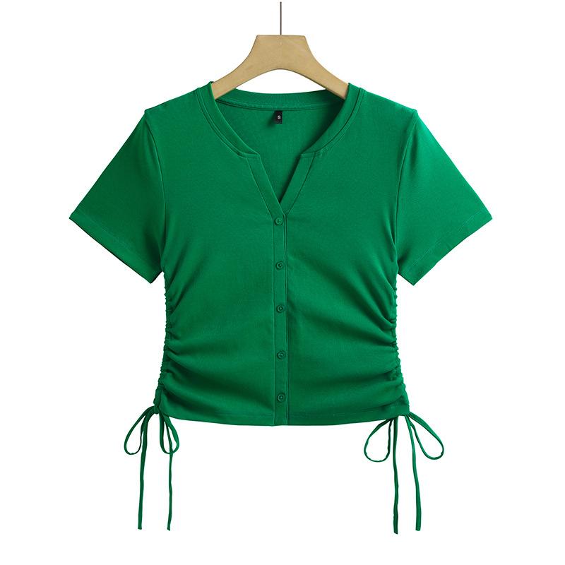 2024 Summer New Style Korean Style Women's T-shirt Fashionable and Versatile Drawstring V-neck Button Short-sleeved Undershirt