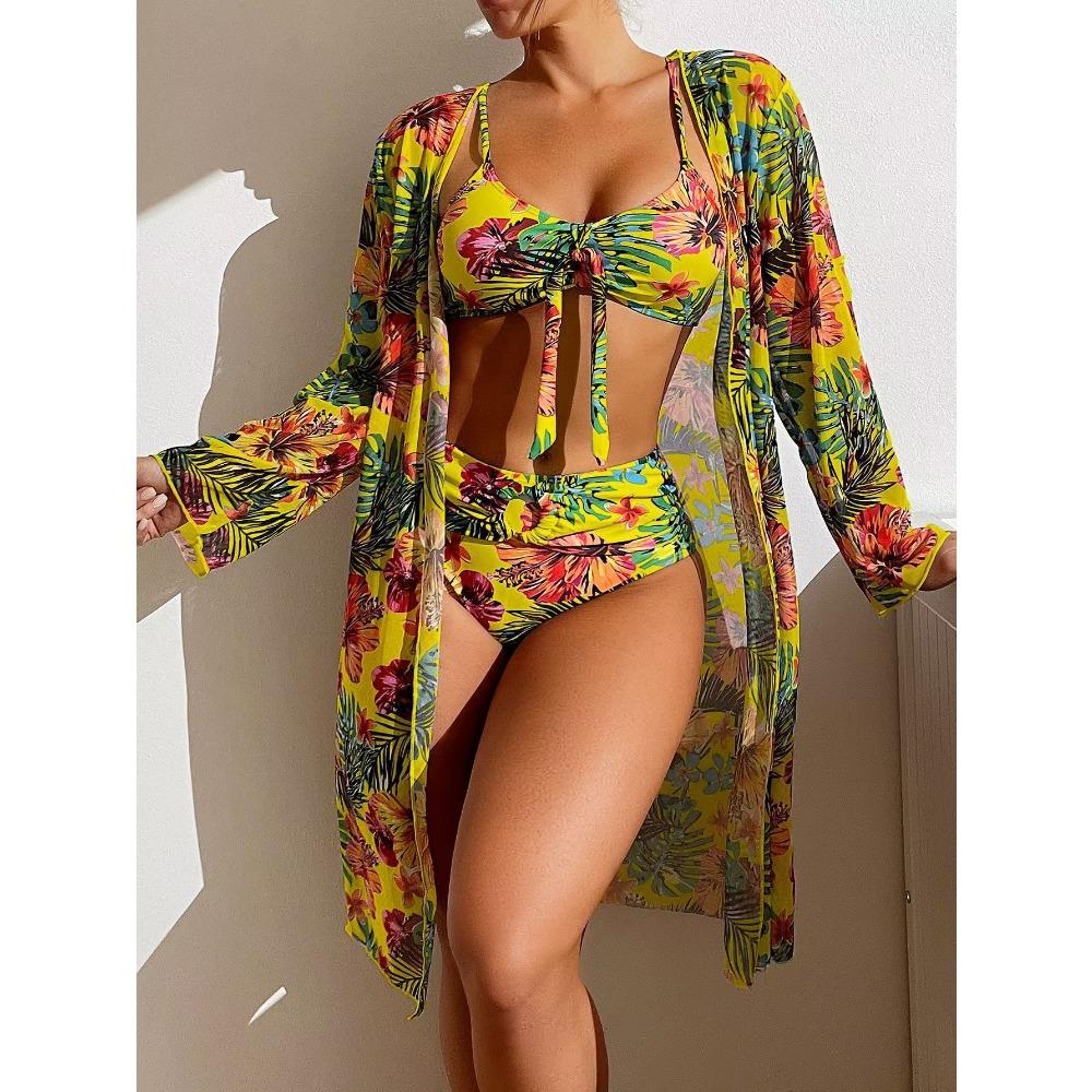 Třídílná sada bikin Plážová sukně Tunika pro plážové zahalení do plavek Ženy Potisk Biquini plavky Letní plážové oblečení