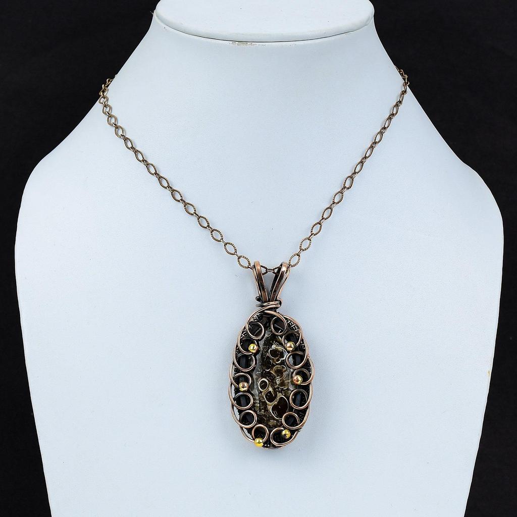 Beautiful Turritella Fossil Gemstone Pure Copper Wire Wrapped Handmade Jewelry Pendant