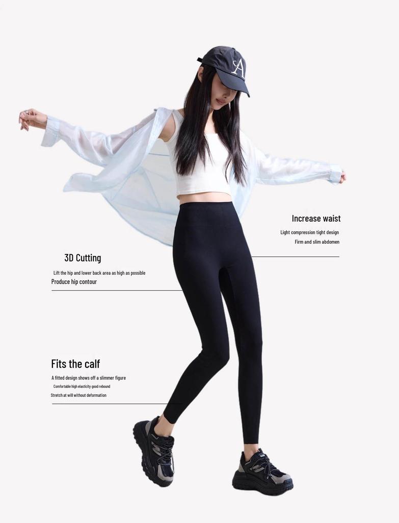 Women's Solid Color Ribbed Modal Cotton Yoga Leggings - Breathable, High Elastic, 9-Point Length for Spring and Autumn.