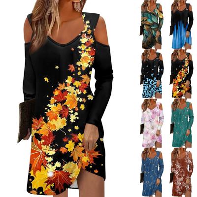 Women's V Neck Casual Knee Length Long Sleeve Print Long Dress  Autumn