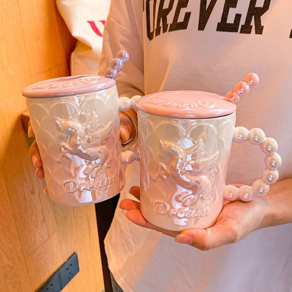 Mug With Lid Spoon Couple High Value Girl Office Water Cup Coffee Cup Relief Ceramic Cup Souvenir