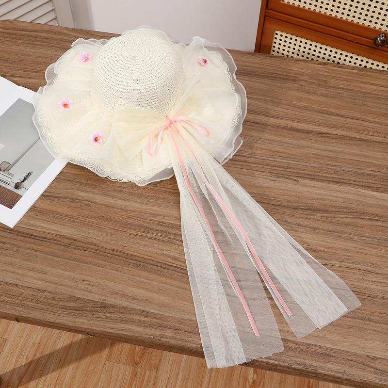 Summer Bow Sun Hat Female, Seaside Beach Vacation Sun Hat Outdoor Big Brim Sun Hat Sweet Straw Hat
