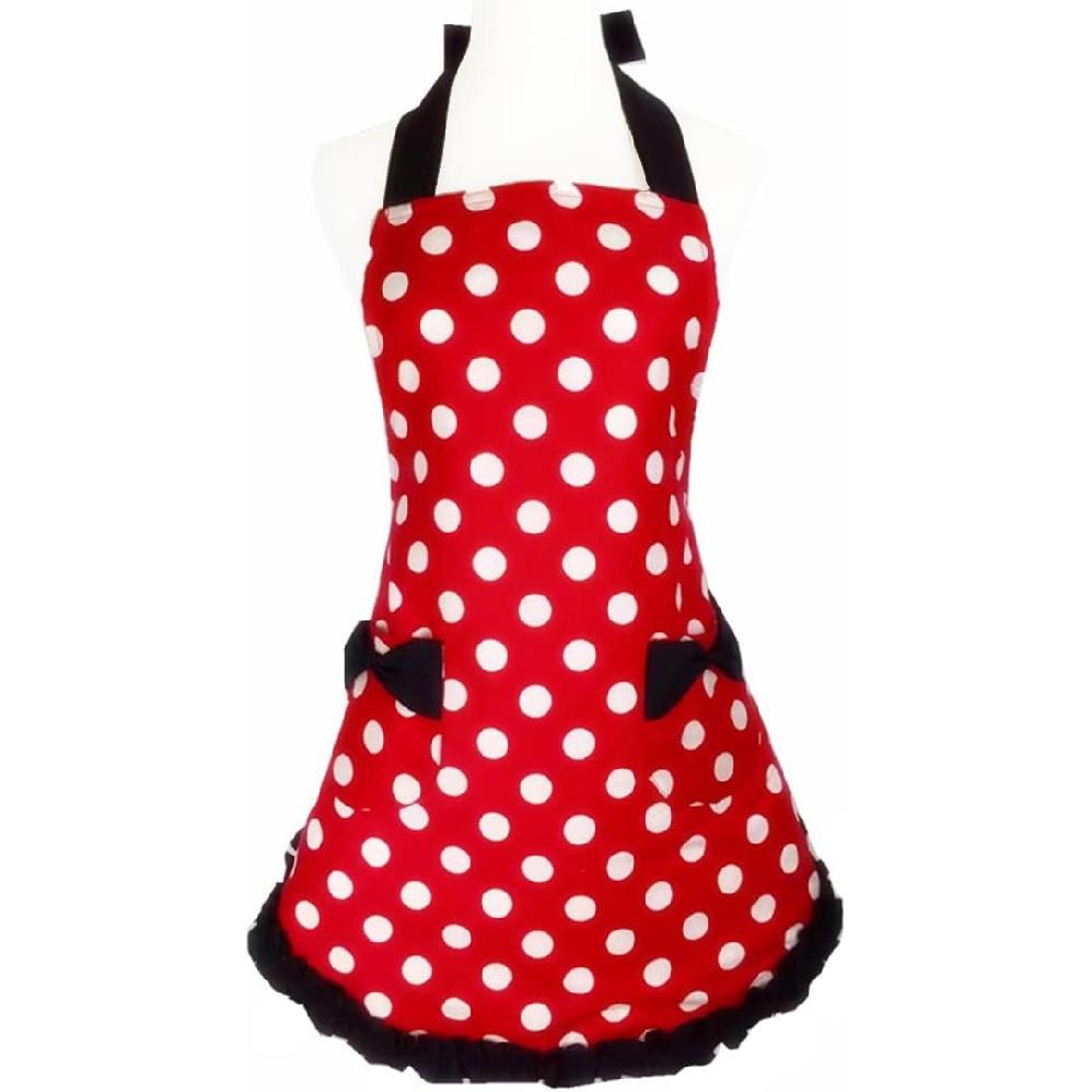 Hyzrz Lovely Retro Adjustable Red Polka Dot Aprons for Women Girls Cute Funny Apron Bowknot 2 Pockets